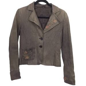 Leather 90s Retro Floral Embroidered Boho Studded Collar Cropped Casual Jacket S